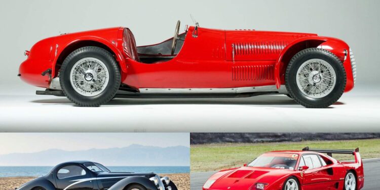 Three classic sports cars: a red vintage race car in profile (top), a black and silver vintage coupe (bottom left), and a red modern race car on a track (bottom right) at the 2025 Concorso d’Eleganza Villa d’Este.