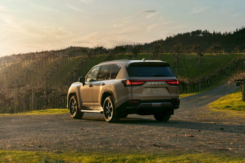 A beige SUV, radiating Expedition Elegance, is parked on a gravel path beside a vineyard, with rows of grapevines and a hill in the background under a partly cloudy sky.