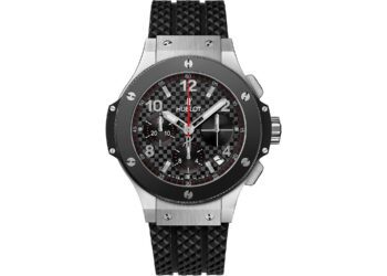 A luxury wristwatch from the best luxury watches collection, featuring a black textured strap, a round silver and black bezel, and a detailed black checkered dial with red accents and multiple subdials.