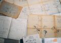 Assorted technical documents and blueprints with handwritten notes, diagrams, and drawings related to Lamborghini engineering and automotive history spread out on a tabletop.