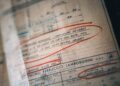 Close-up of a vintage document with Italian text, handwritten notes, and red circles highlighting sections, including the name "Ferruccio Lamborghini," capturing a unique piece of Lamborghini automotive history preserved by Polo Storico.