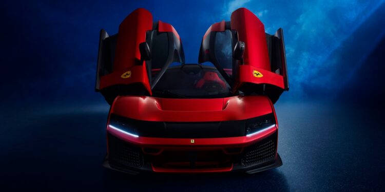 A red Ferrari sports car with both butterfly doors open, viewed from the front against a dark blue background.