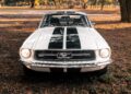Front view of ECD’s bespoke '67 Ghost Mustang Fastback with bold black racing stripes, parked outdoors on dry leaves—this classic Ford gets a dose of modern muscle from Roush Performance.