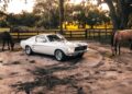 A white ECD’s Bespoke '67 Ghost Mustang Fastback, enhanced with Roush Performance, is parked on muddy ground in a fenced area, surrounded by three horses and trees at sunset.