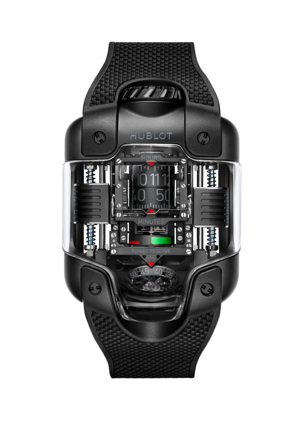 A black Hublot MP-10 Tourbillon watch with a futuristic, exposed mechanical design, digital time display, visible springs, and power reserve indicator—a bold new version at $330,000.