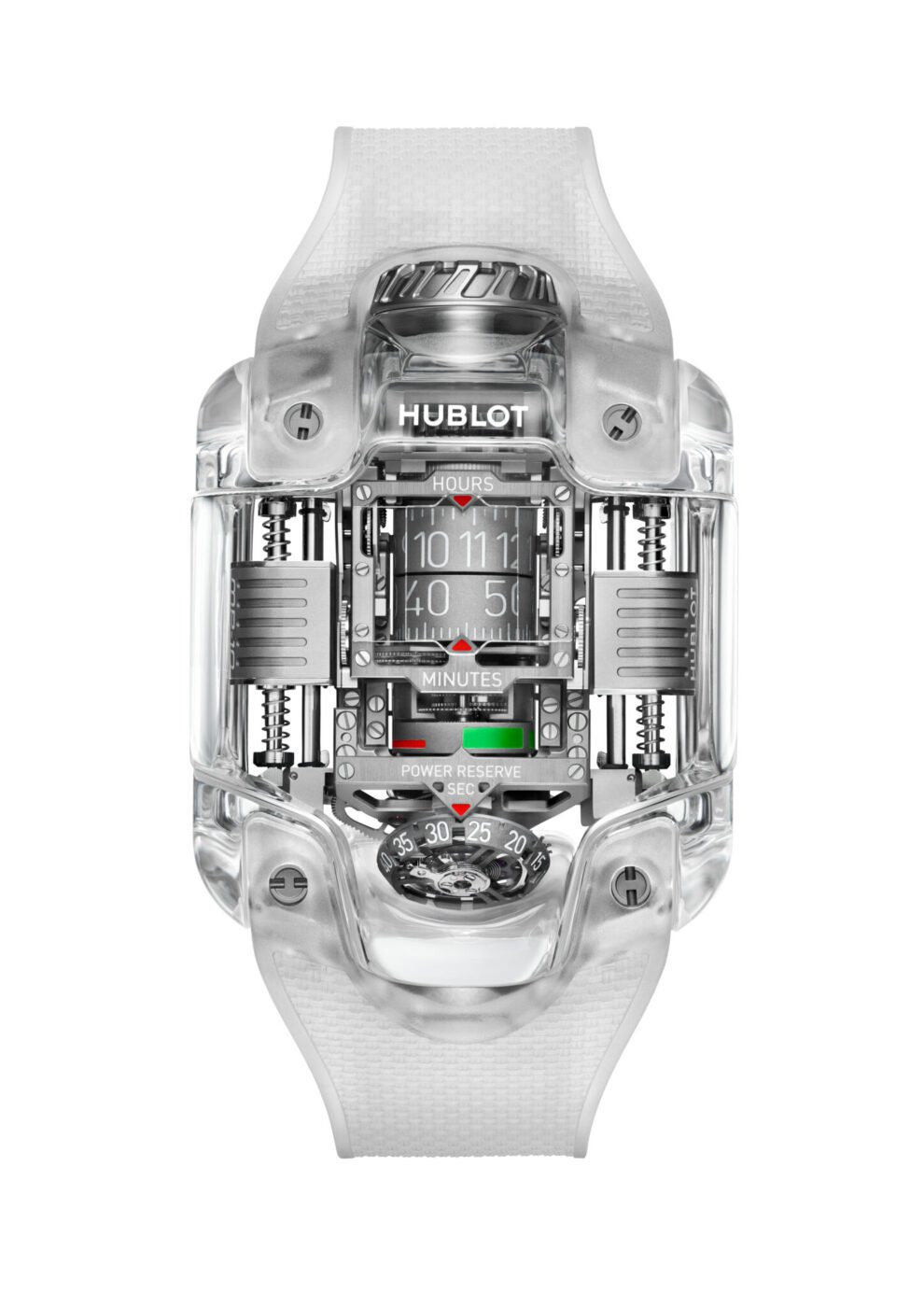 A transparent Hublot MP-10 Tourbillon luxury watch displays digital hours and minutes, visible mechanical components, and a power reserve indicator.