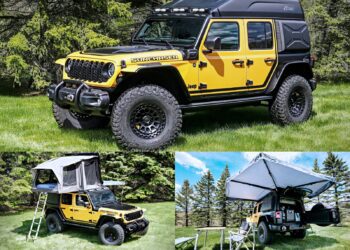 A yellow Jeep with off-road tires and a rooftop tent setup—one thing that makes this carbon-fiber tent a game changer for the Jeep Wrangler is its lightweight durability, shown here parked on grass with outdoor camping gear neatly arranged nearby.