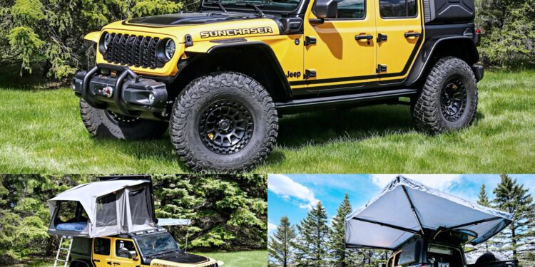 A yellow Jeep with off-road tires and a rooftop tent setup—one thing that makes this carbon-fiber tent a game changer for the Jeep Wrangler is its lightweight durability, shown here parked on grass with outdoor camping gear neatly arranged nearby.