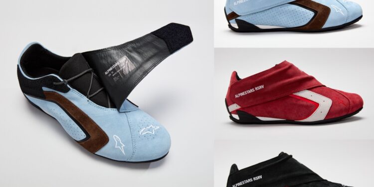 Four racing shoes in light blue, red, and black colors with a distinctive wrap-over flap design, displayed from different angles—showcasing the F1 DNA inspired by Alpinestars RSRV performance.