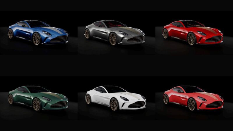 Six Aston Martin Vantage Coupes, marking 10 years in Mexico with bespoke Q-Commission designs, are displayed in two rows—each in a striking color: blue, silver, red, green, white, and dark red—set against a black background.