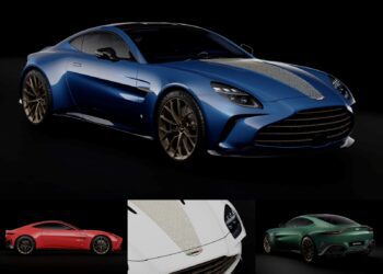 Four sports cars are shown: a blue coupe with gold wheels and a patterned hood, a red coupe side view, a white hood close-up, and a green coupe rear view—celebrating Aston Martin marking 10 years in Mexico with six bespoke Q-Commission Vantage Coupes.