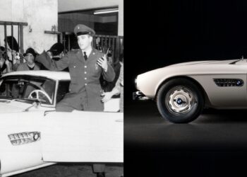 Split image: On the left, a man in military uniform stands beside a vintage car, addressing a crowd. On the right, see how this BMW went from bold gamble to blue-chip classic—a close-up side view of the iconic white sports car.