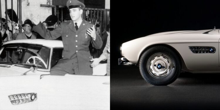 Split image: On the left, a man in military uniform stands beside a vintage car, addressing a crowd. On the right, see how this BMW went from bold gamble to blue-chip classic—a close-up side view of the iconic white sports car.