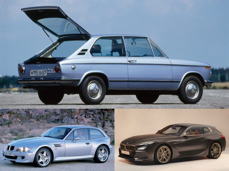 Three hatchback cars are shown: a vintage blue car with an open trunk above, and two modern silver and black hatchbacks parked below—reminiscent of when BMW teases a mysterious shooting brake.