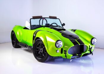 A bright green classic sports car with black racing stripes, black wheels, and an open convertible top—a unique creation ready to turn heads, perfect for any garage, set against a plain white background.