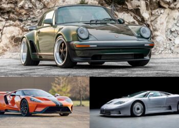 A collage showing three sports cars— a green classic Porsche, an orange Ford GT, and a silver Bugatti EB110—highlights Bonhams Cars The Miami Auction: Top 10 Results, each vehicle parked on different surfaces.