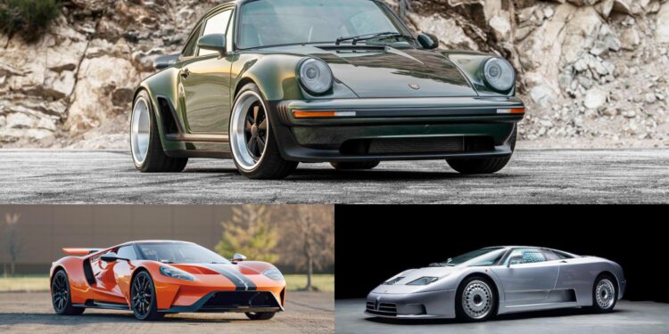 A collage showing three sports cars— a green classic Porsche, an orange Ford GT, and a silver Bugatti EB110—highlights Bonhams Cars The Miami Auction: Top 10 Results, each vehicle parked on different surfaces.