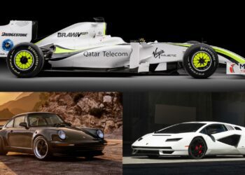 A composite image shows a Brawn GP Formula 1 car above, with a classic Porsche 911 and a modern Lamborghini Countach below—true auction highlights from Bonhams The Miami Auction.
