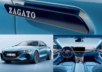 Collage showing a blue BMW coupe with Alpina and Zagato branding, close-up of a Zagato badge, exterior front view, and blue-upholstered dashboard—Bavaria Meets Milan: Coach-Built Bovensiepen Zagato Unveiled At Lake Como.