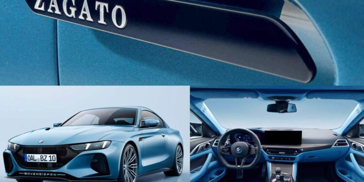 Collage showing a blue BMW coupe with Alpina and Zagato branding, close-up of a Zagato badge, exterior front view, and blue-upholstered dashboard—Bavaria Meets Milan: Coach-Built Bovensiepen Zagato Unveiled At Lake Como.