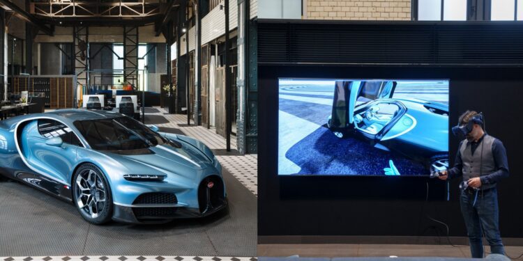 A blue hypercar sits in an industrial showroom; next to it, a person uses virtual reality gear while viewing Bugatti Design elements on a large screen.