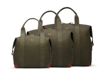 Three olive green tote bags of varying sizes with brown leather corners and short handles, displayed side by side against a white background—perfect luxury accessories for a style upgrade.