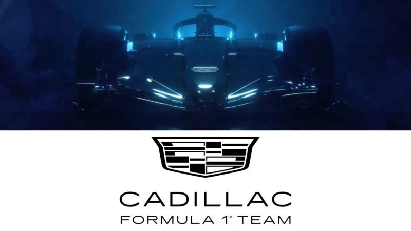 A Cadillac Formula 1 car illuminated by blue lights above the new logo and the text "Cadillac Formula 1 Team" on a white background, celebrating the excitement of the Miami Grand Prix.