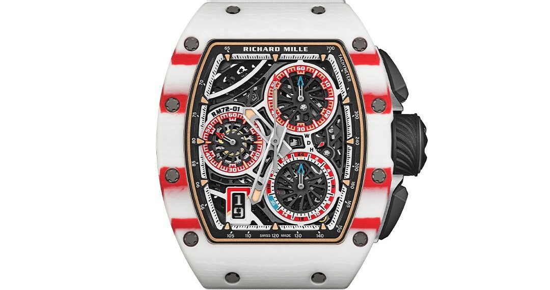 A Richard Mille RM 72-01 Chronograph inspired by Charles Leclerc, featuring a white and red case, black dial with three subdials, black side buttons, and a white strap.