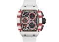 A Richard Mille RM 72-01 Chronograph inspired by Charles Leclerc, featuring a white and red case, black dial with three subdials, black side buttons, and a white strap.