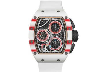 A Richard Mille RM 72-01 Chronograph inspired by Charles Leclerc, featuring a white and red case, black dial with three subdials, black side buttons, and a white strap.