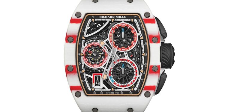 A Richard Mille RM 72-01 Chronograph inspired by Charles Leclerc, featuring a white and red case, black dial with three subdials, black side buttons, and a white strap.