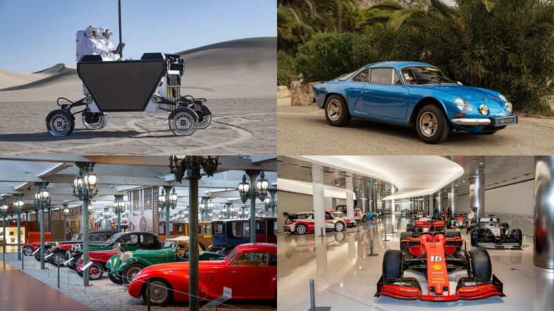 A collage of four images showcasing 20 Years of Top Marques Monaco: Highlights and Must-See Exhibits, including a person driving a lunar rover, a blue vintage sports car, a classic museum exhibit, and a modern Formula 1 race car display.