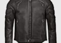 Black leather motorcycle jacket with front zipper closure, zippered side pockets, padded shoulders, and quilted sleeve detailing—styled in the spirit of BMW Motorrad’s Carbon-Clad Concept for next-generation RR riders. Displayed on a plain background.