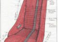Hand-drawn technical sketch of a red Porsche car seat with black accents, labeled dimensions, and material notes for leather, piping, and perforated inserts—perfect for exotic cars or Classic 9 Motorwerks' custom builds.