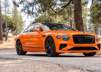 An orange luxury sedan with black accents parked on a forest road, surrounded by trees and dry grass.