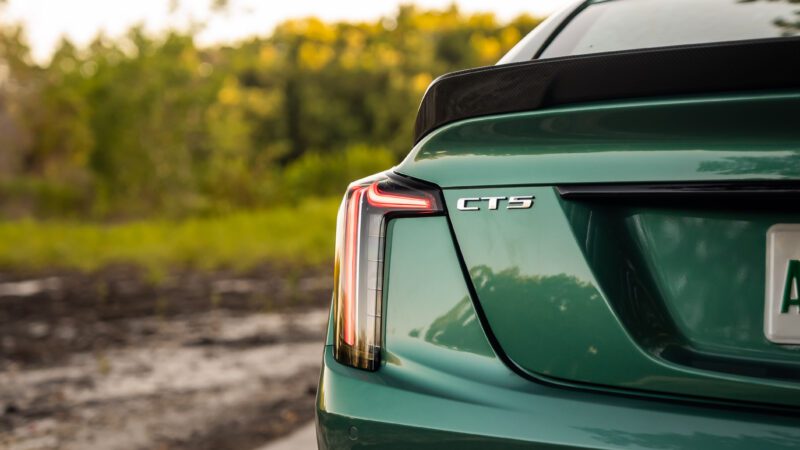 Close-up of the rear tail light and "CTS" badge on a green car, with blurred trees and grass in the background.