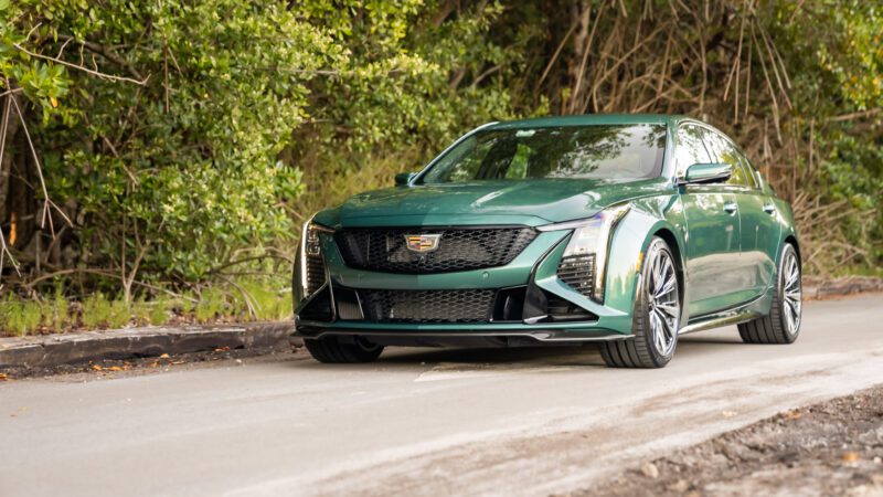 A green Cadillac sedan is parked on a road next to dense greenery and trees.