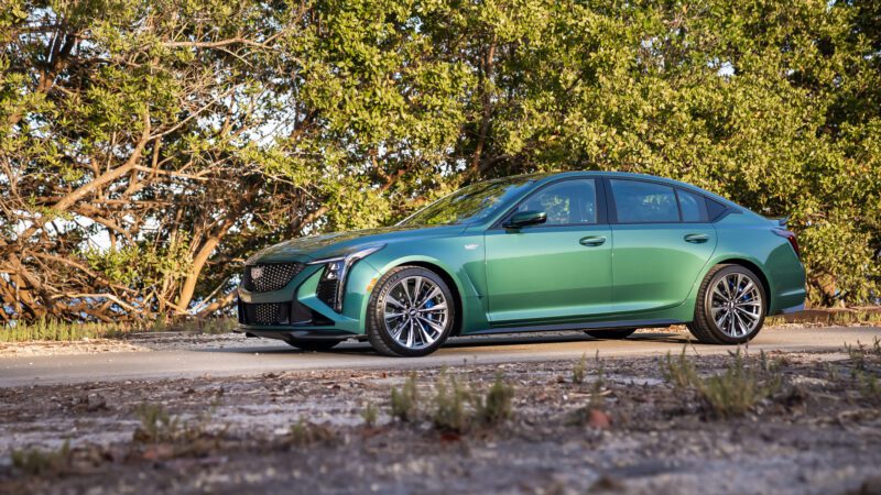 A green four-door sedan parked on a concrete road with trees in the background.