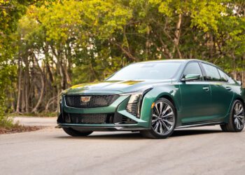 A green Cadillac sedan is parked on a paved road surrounded by trees and greenery.