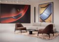 A modern lounge with a beige sofa, two brown chairs, a round black coffee table, and large Ferrari-inspired automotive-themed artwork on the walls, reflecting a sleek Dealer Corporate Identity.