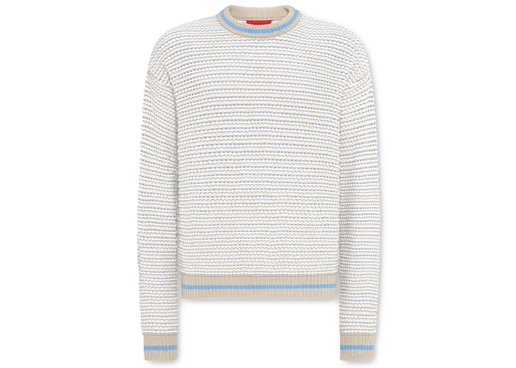 A cream-colored knit sweater with horizontal textured stripes, featuring light blue accents on the collar, cuffs, and hem—part of the exclusive Lifestyle Capsule Collection inspired by Charles Leclerc.