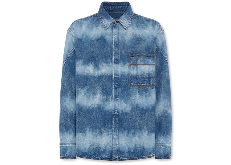 Long-sleeve denim shirt with a blue and white tie-dye pattern, a pointed collar, and a single chest pocket from the exclusive Ferrari Lifestyle Capsule Collection inspired by Charles Leclerc.