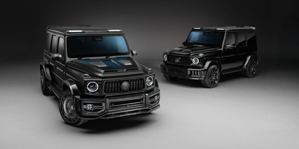 Two black luxury SUVs, including a G-Wagon with Widetrack & Aero Kits, are parked on a smooth, neutral-colored surface in an Urban Automotive-inspired studio setting with soft, even lighting.