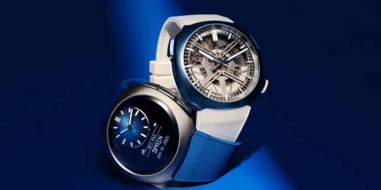 Two modern wristwatches, including a sleek H. Moser & Cie., are displayed on a blue surface—one with an analog face and white strap, the other digital with a silver-tone metal strap—both illuminated under a focused beam of light.