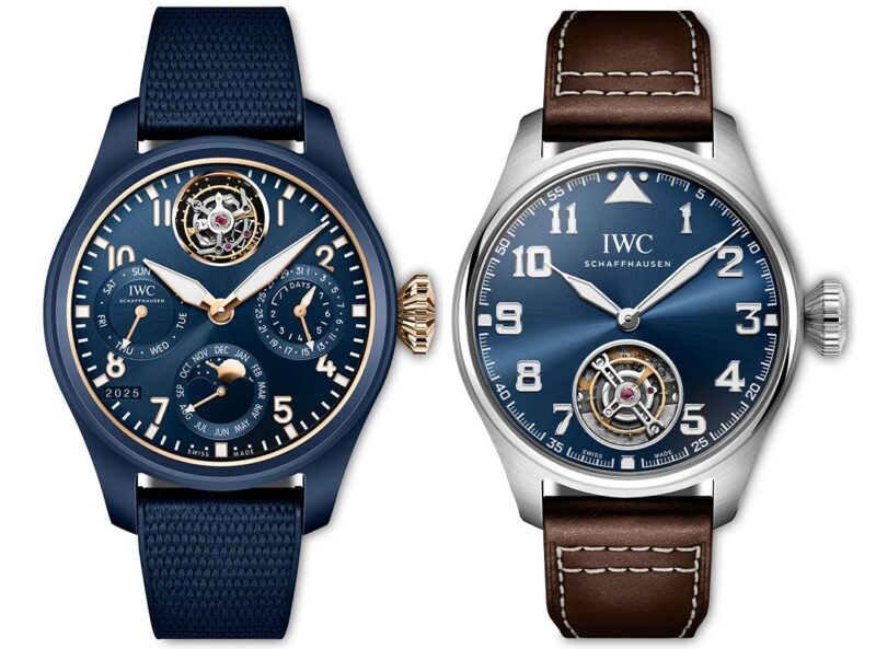Two IWC Schaffhausen watches are side by side: the left, a blue-faced Pilot's Watch with multiple subdials and a blue strap; the right features a brown leather strap and displays its impressive tourbillon window.