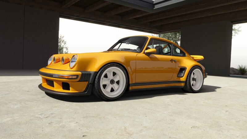 A yellow limited edition Porsche 911 with wide fenders and white wheels is parked indoors under a modern, open-roof structure.