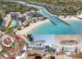 Aerial view of a luxury beachfront resort, a close-up of jeweled watches, including Jacob & Co. Announces A $1.3B Beachfront Development South Of Dubai, an outdoor poolside area, and a spacious, modern hotel lobby with large windows.