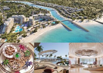 Aerial view of a luxury beachfront resort, a close-up of jeweled watches, including Jacob & Co. Announces A $1.3B Beachfront Development South Of Dubai, an outdoor poolside area, and a spacious, modern hotel lobby with large windows.