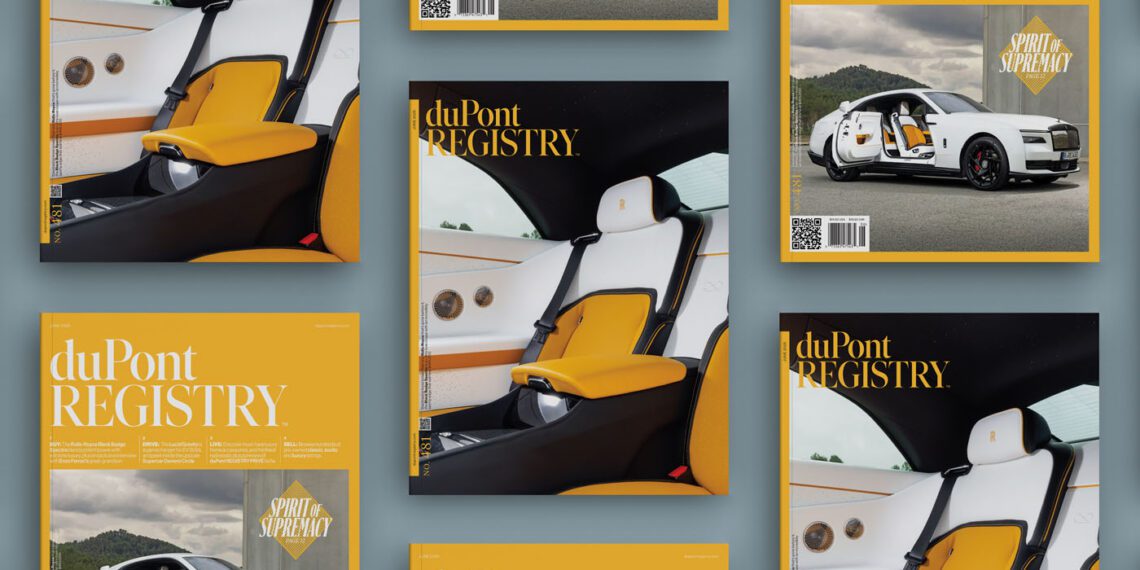 Multiple covers of the June 2025 duPont REGISTRY magazine are displayed, featuring a luxury car with open doors and a yellow and white leather interior.