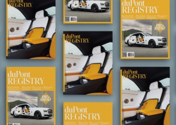 Multiple covers of the June 2025 duPont REGISTRY magazine are displayed, featuring a luxury car with open doors and a yellow and white leather interior.